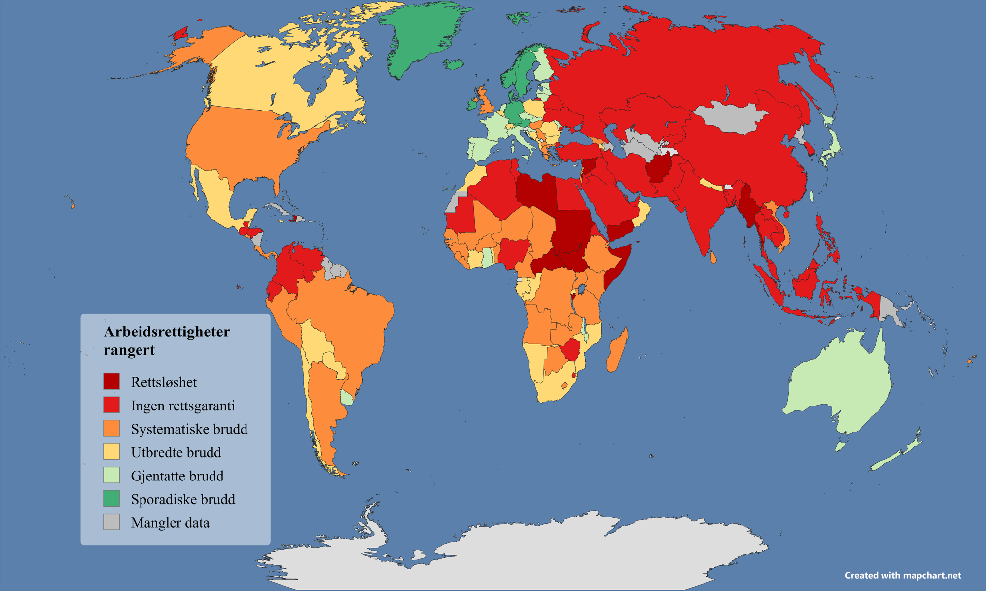 <p><strong>FÅ GODKJENTE LAND:</strong> ITUC rangerer alle verdens land etter hvordan de respekterer arbeidstakeres rettigheter. Kun sju land, deriblant Norge, plasseres i beste kategori. Grå land mangler data. <strong><a href="images/1-foto/ITUC-arbeidsrettigheter_rangert-2025-m.png">Stor bildeversjon</a></strong> | <strong>GRAFIKK:</strong> <a href="https://www.mapchart.net/world.html" target="_self">mapchart.net</a> <strong>DATA:</strong> <a href="https://www.ituc-csi.org/global-rights-index">ITUC/Global Rights index</a></p>