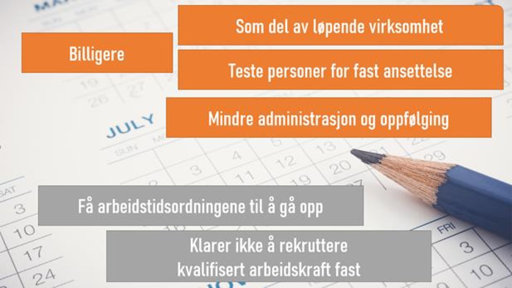 <p>EKSEMPLER PÅ begrunnelser som virksomhetene har for å ansette midlertidig framfor fast. Forskernes spenn mellom laveste og høyeste omfang av brudd på arbeidsmiljølovens regler handler om gråsonene (som de grå boksene over er eksempler på) tolkes som innenfor eller utenfor loven. De røde boksene har ingen støtte i lovens unntak fra fast ansettelse.</p>